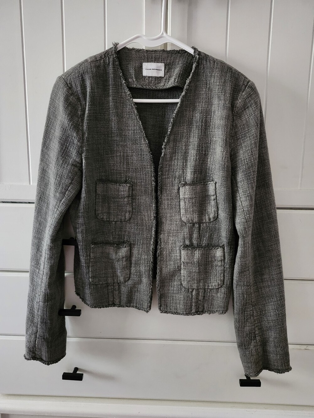 Club Monaco 100% Cotton Closed Gray Tweed Open-Front Blazer Sz S